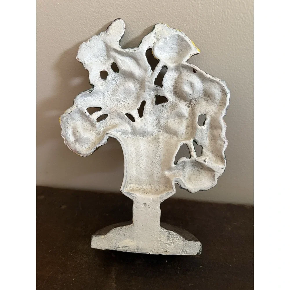 Antique HUBLEY? Cast Iron Door Stop Vase Urn Pink Blue Floral Arrangement 10